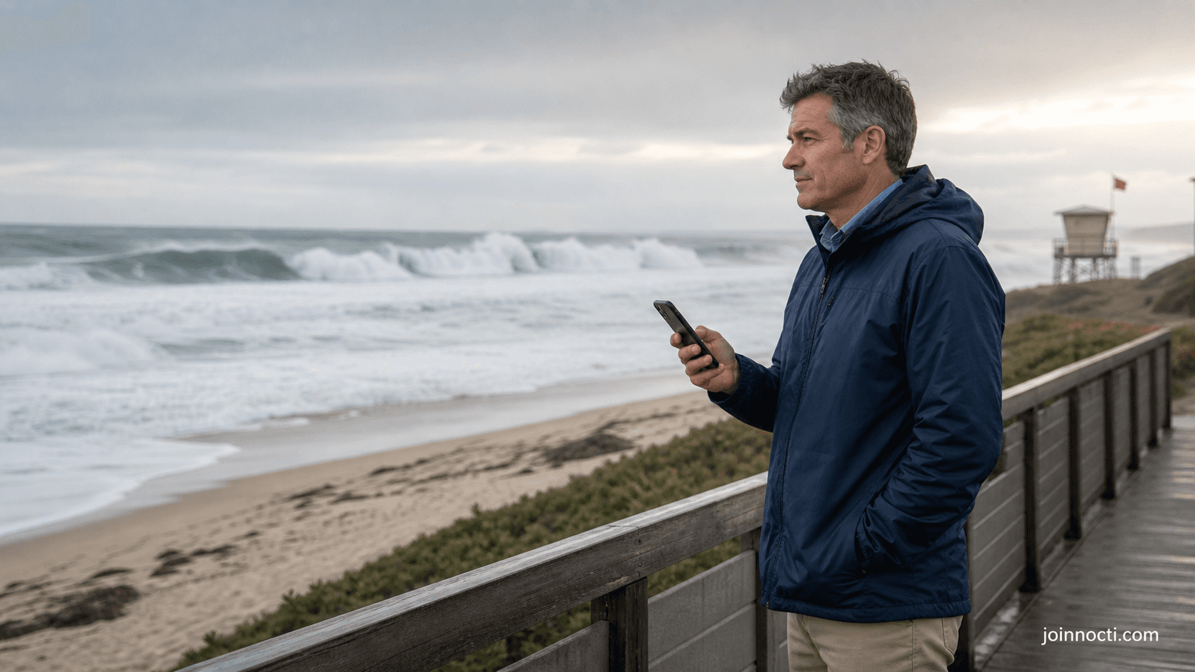 Fully clothed man checking a weather alert from a safe overlook above large breaking waves at a Southern California beach