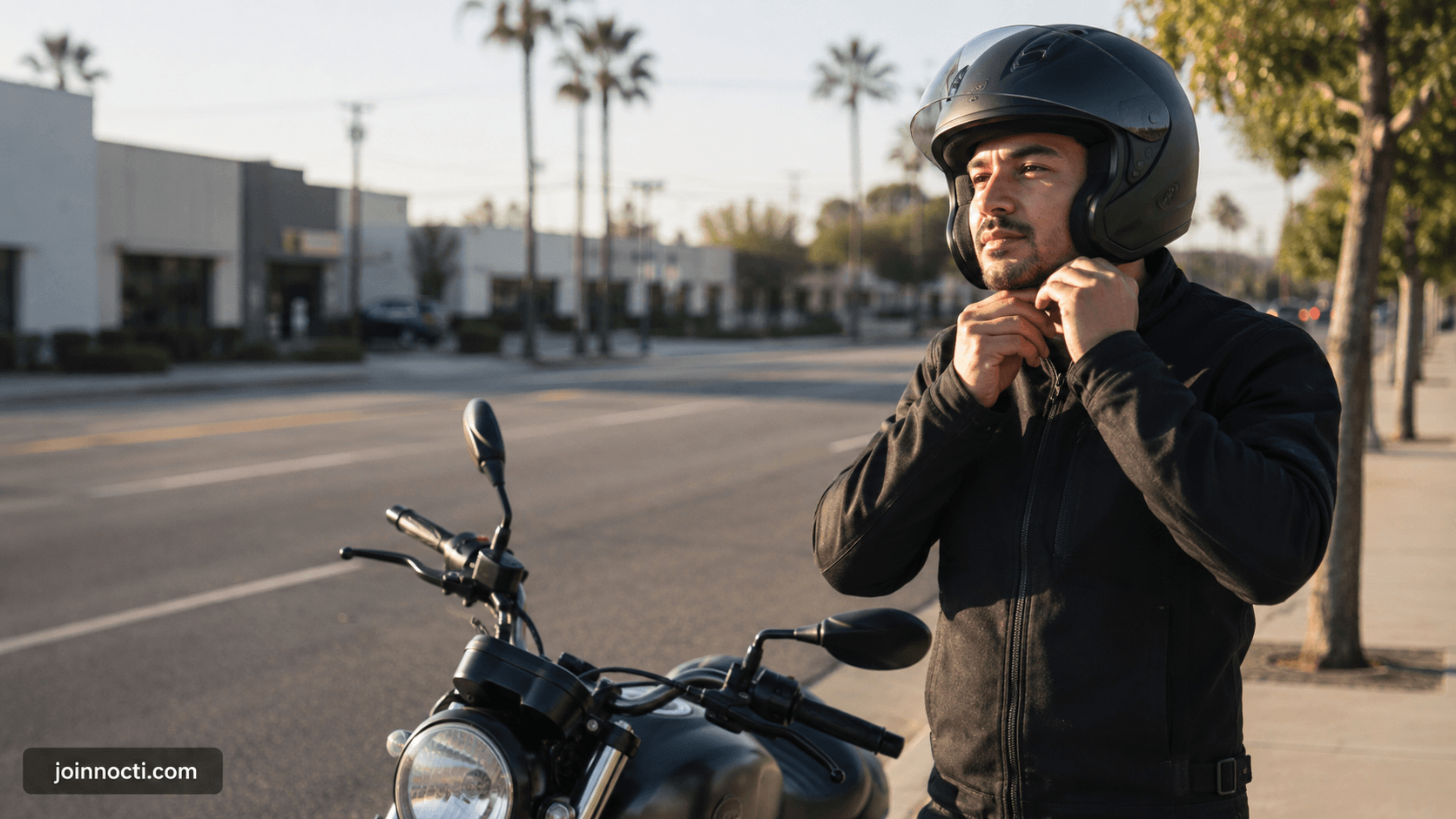 Motorcyclist fastening a full-face helmet beside a parked motorcycle on a Southern California street in the early morning