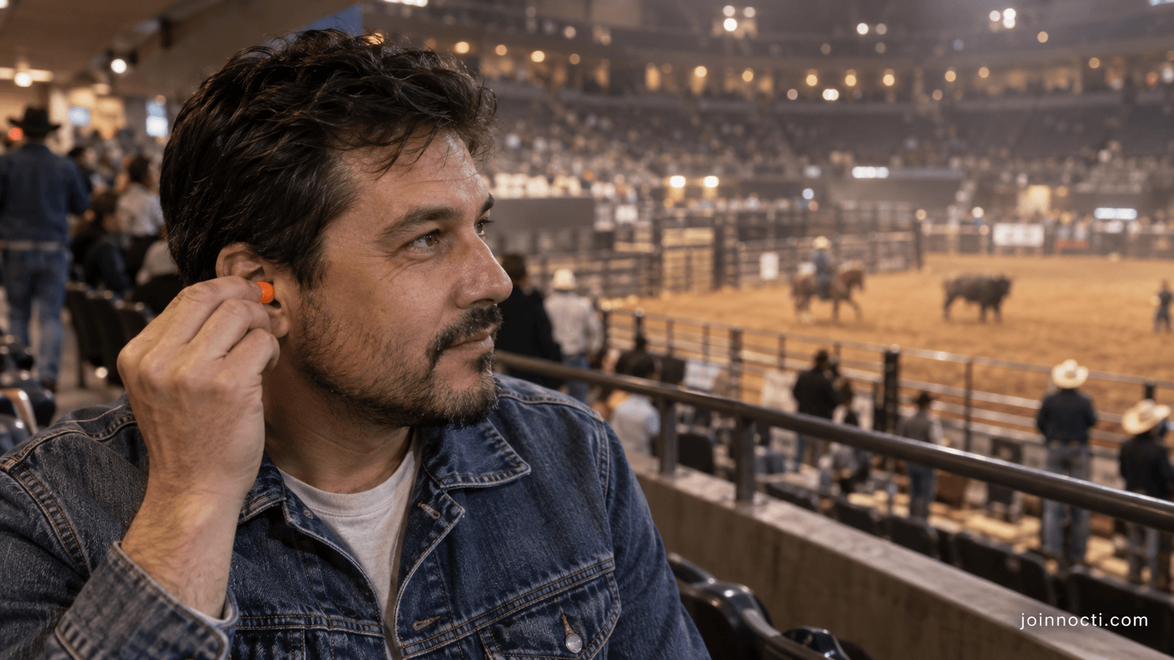Adult male spectator putting in a foam earplug before a generic indoor bull-riding event