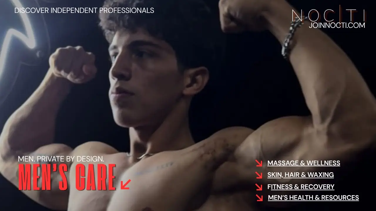 NOCTI editorial banner featuring an adult male fitness model flexing in a dark gym