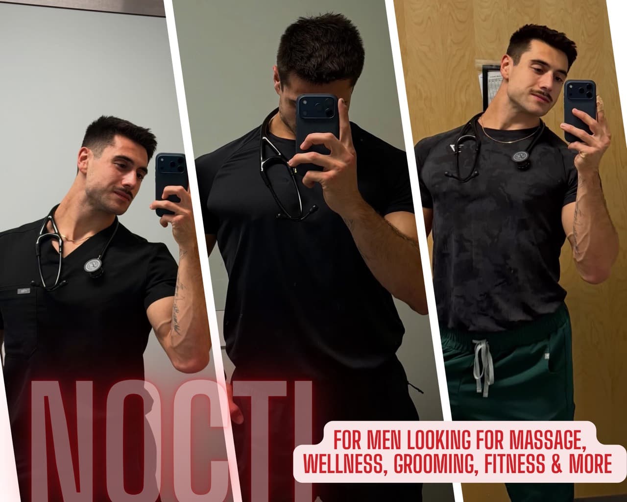 Philippe Milon in medical workwear with a stethoscope, shown in a three-panel NOCTI collage