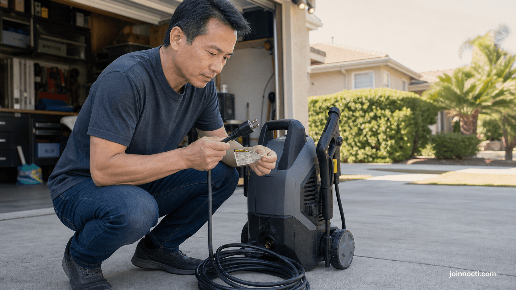 Asian American man examining the unplugged cord and safety label on a generic electric pressure washer in a dry driveway