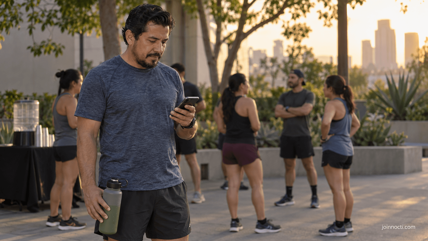 Man checking a same-day run status on his phone beside a shaded Los Angeles community fitness gathering in hot weather