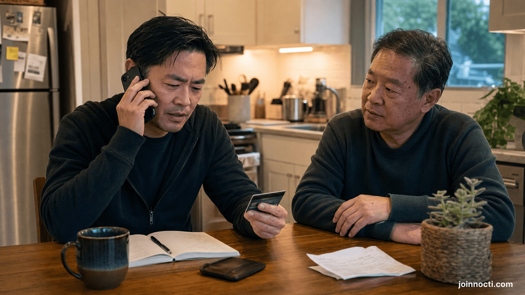 Photorealistic NOCTI editorial image of a man calling his bank after spotting a scam while a trusted friend helps review transaction records