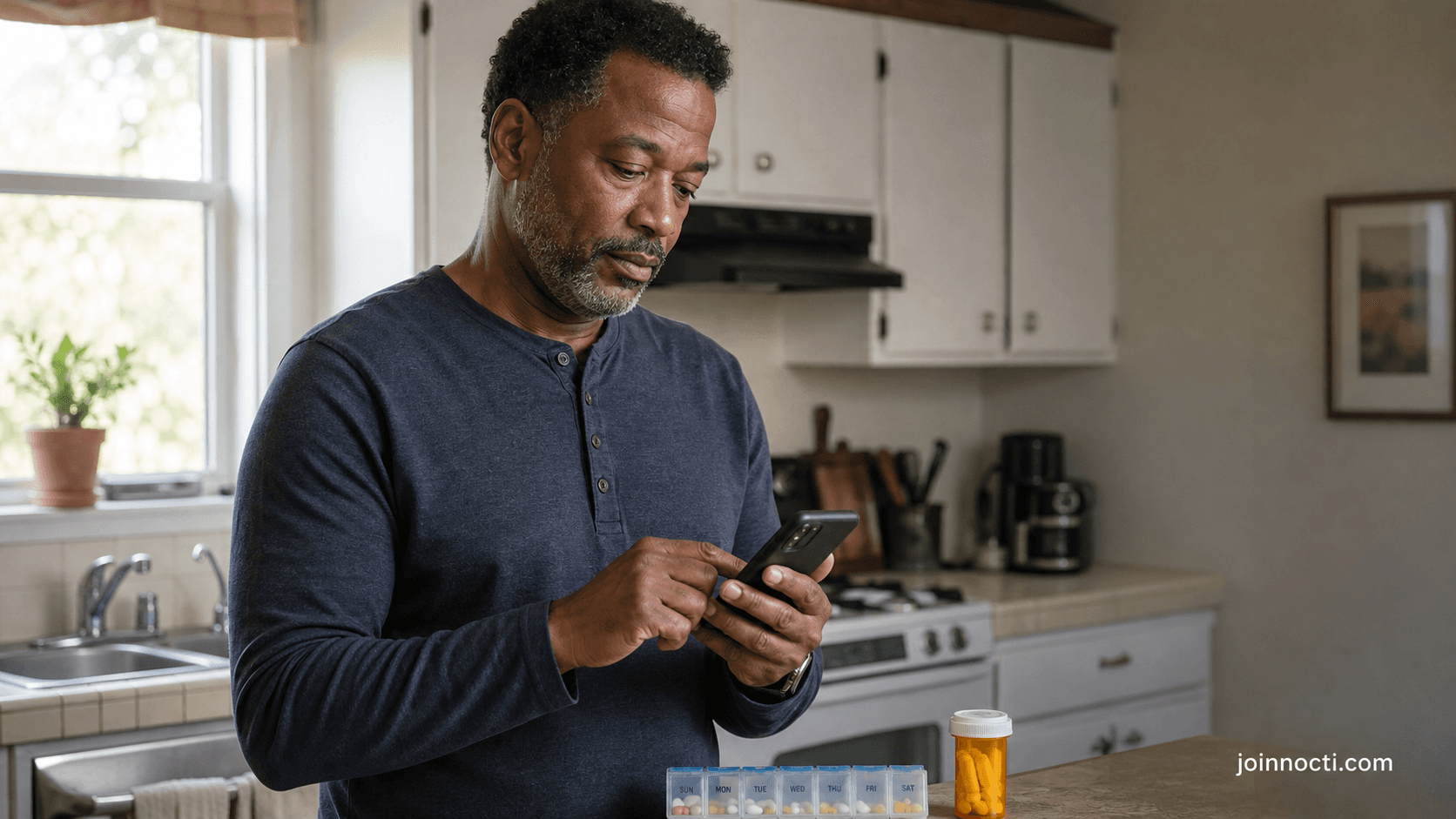 Black man at home checking a health reminder on his smartphone beside a weekly medication organizer and prescription bottle