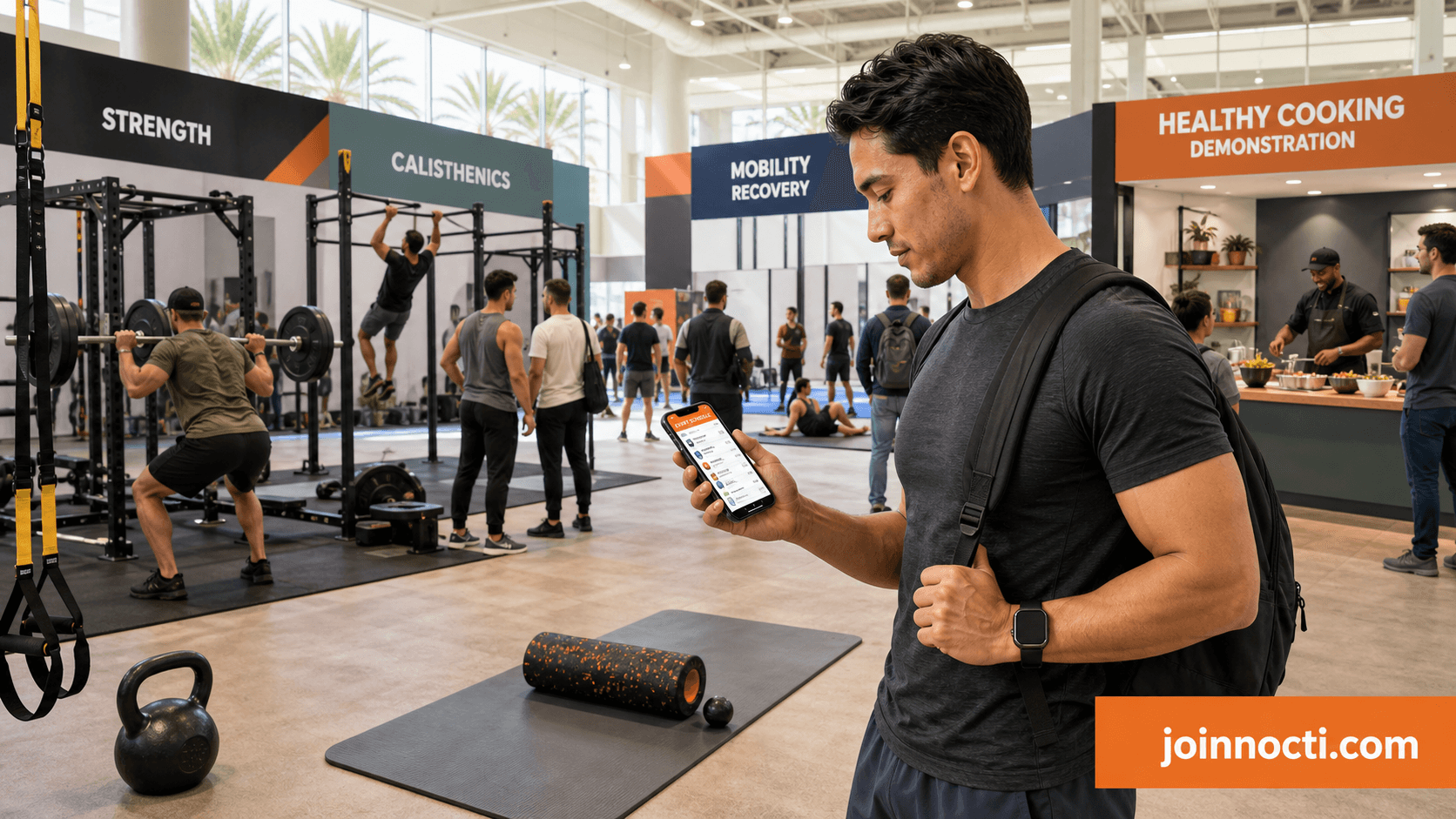 NOCTI editorial illustration of a man reviewing the schedule inside an Anaheim fitness expo with strength, calisthenics, recovery and cooking areas