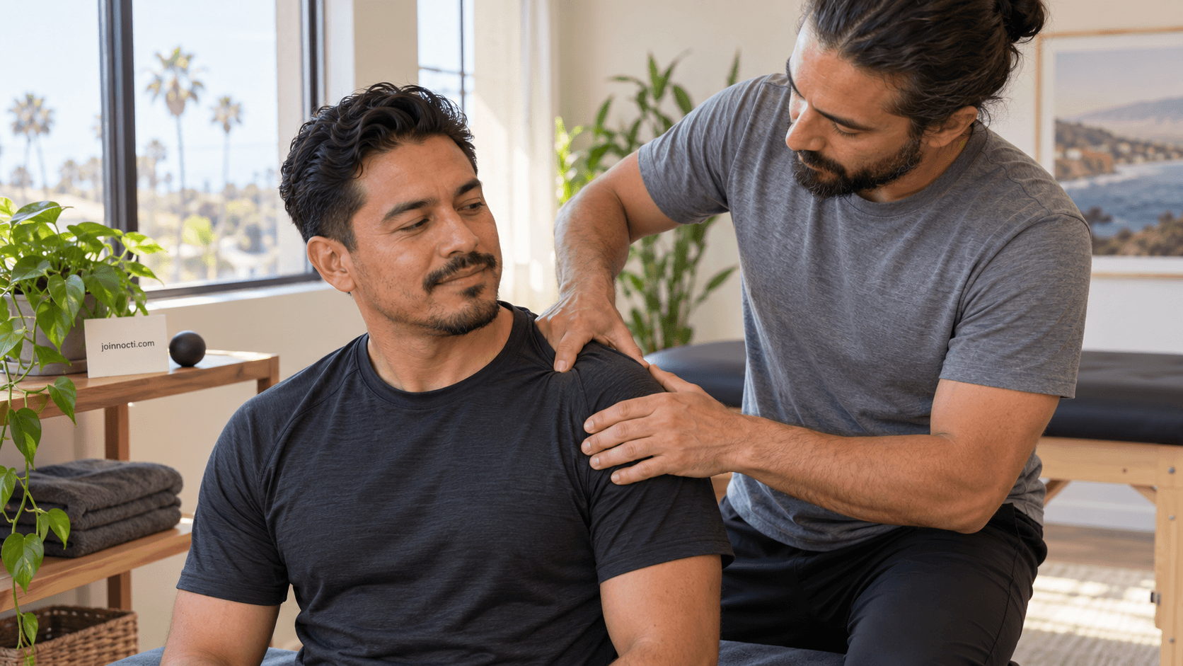 Male client discussing comfort while a professional massage therapist applies focused pressure through his shirt