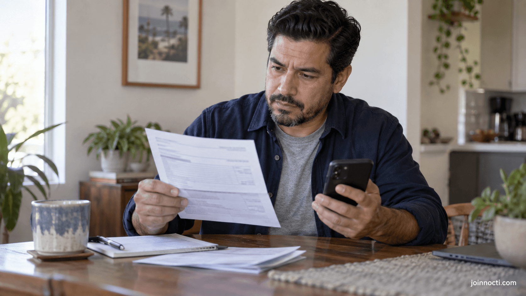 Man comparing a paper card statement with his phone after noticing an unexpected recurring charge
