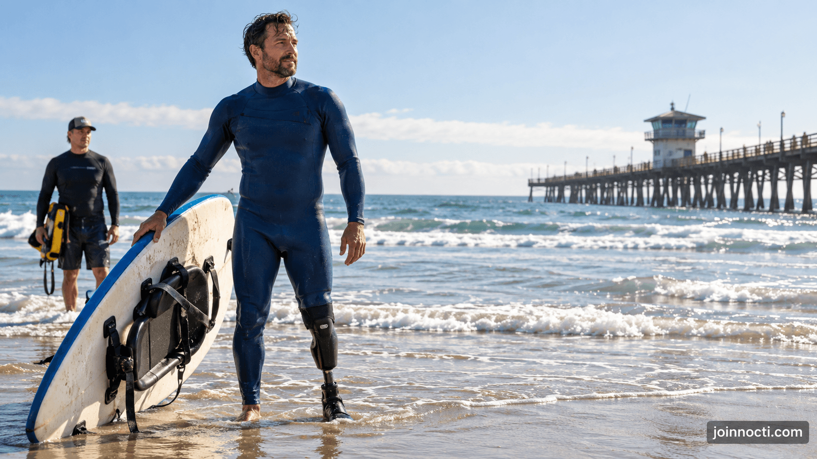 Illustrative editorial image of a male adaptive surfer in a wetsuit beside an adapted surfboard near a Southern California pier