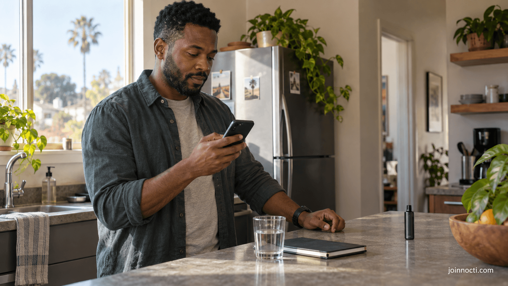 Man in a Southern California kitchen reading his phone beside an unused unbranded vape and a glass of water