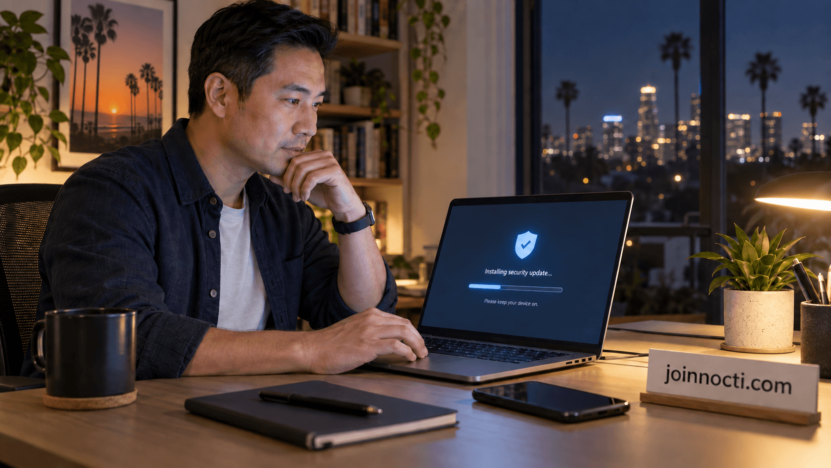 Man verifying a security update on a laptop in a Southern California home office at night