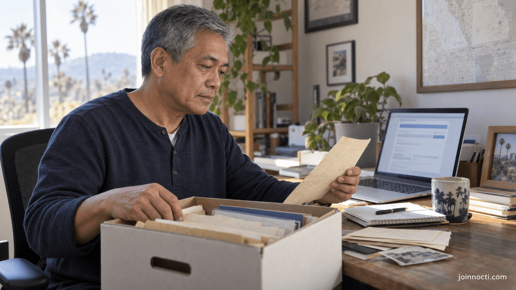 Illustrative image of an older man in California organizing old records while reviewing an online health-program application