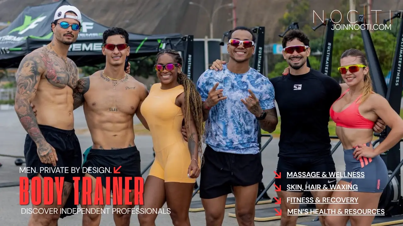 Group of adult fitness and wellness professionals at an outdoor event beneath NOCTI branding