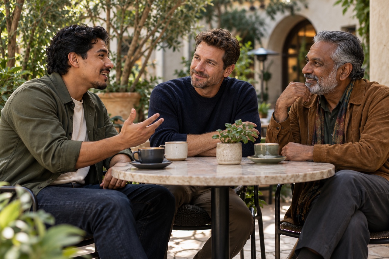 Three adult male friends of different ages having an attentive conversation in a quiet café courtyard