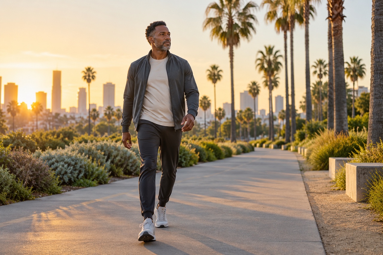 Adult man taking a sunrise walk on a palm-lined Southern California path for the Movember Move challenge