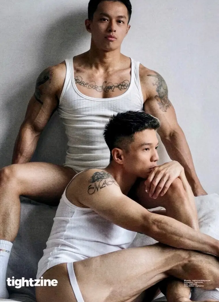 Two adult male models in an editorial image about professional massage boundaries; original Tightzine credit remains visible